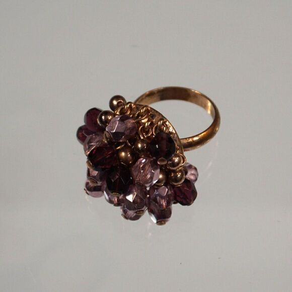 Cocktail Ring Purple And Gold Tone Beaded Ring Size 8 - Picture 11 of 12